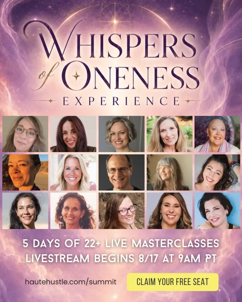 The Whispers of Oneness Experience speaker line-up: fifteen teachers pictured. Five days of 22+ live masterclasses, livestream begins 8/17 at 9am PT.